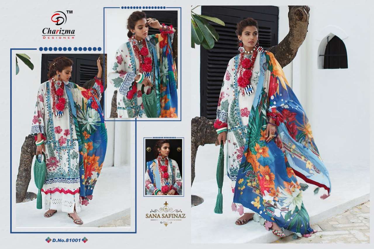 SANA SAFINAZ BY CHARIZAM DESIGNER 81001 TO 81007 SERIES BEAUTIFUL SUITS STYLISH FANCY COLORFUL PARTY WEAR & OCCASIONAL WEAR JAM COTTON WITH PATCH EMBROIDERY DRESSES AT WHOLESALE PRICE